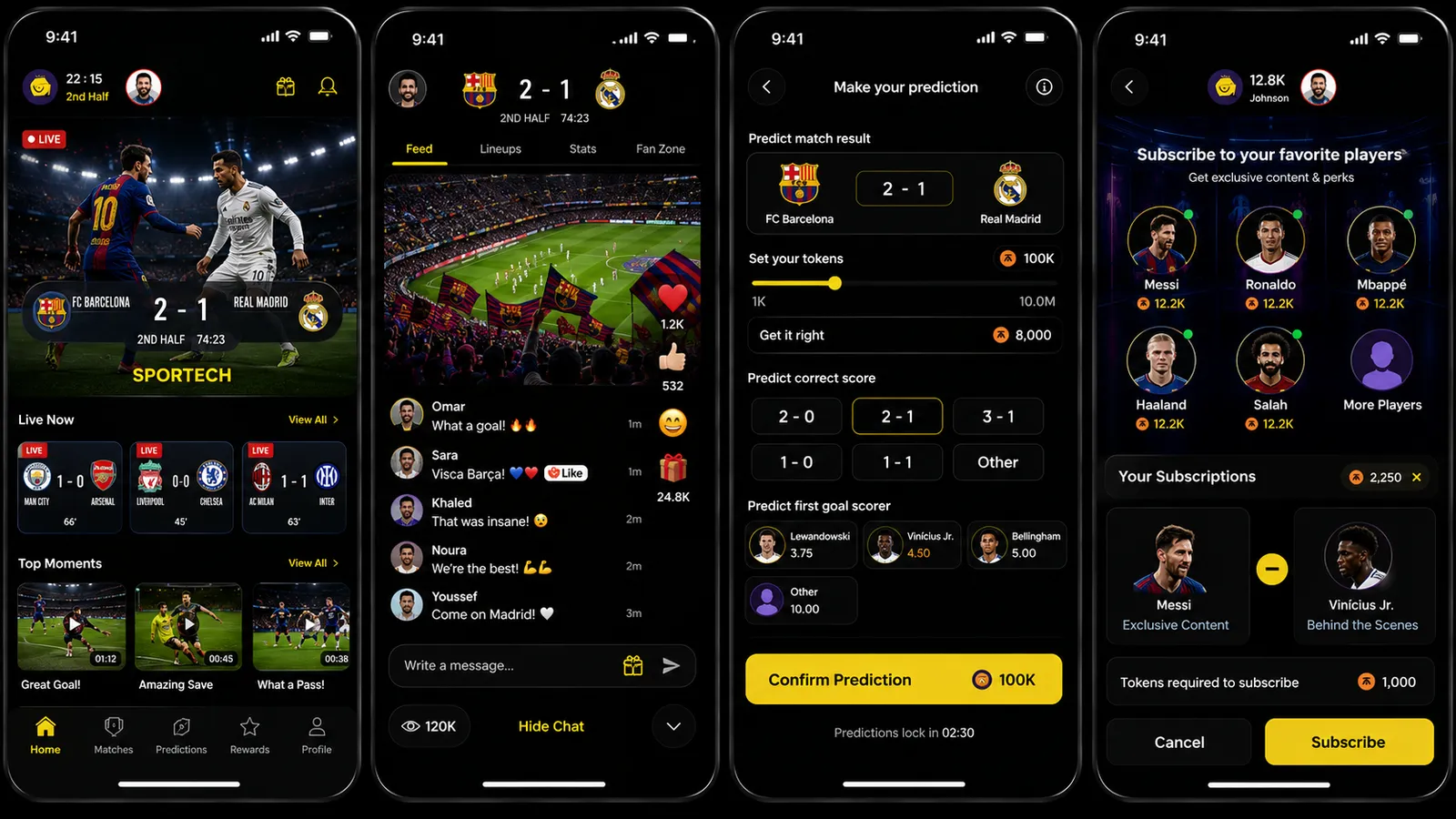 Sportech app screens for football